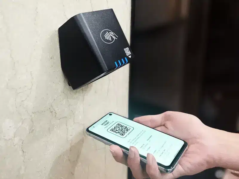 Wall-mount QR code reader used for visitor self-service check-in